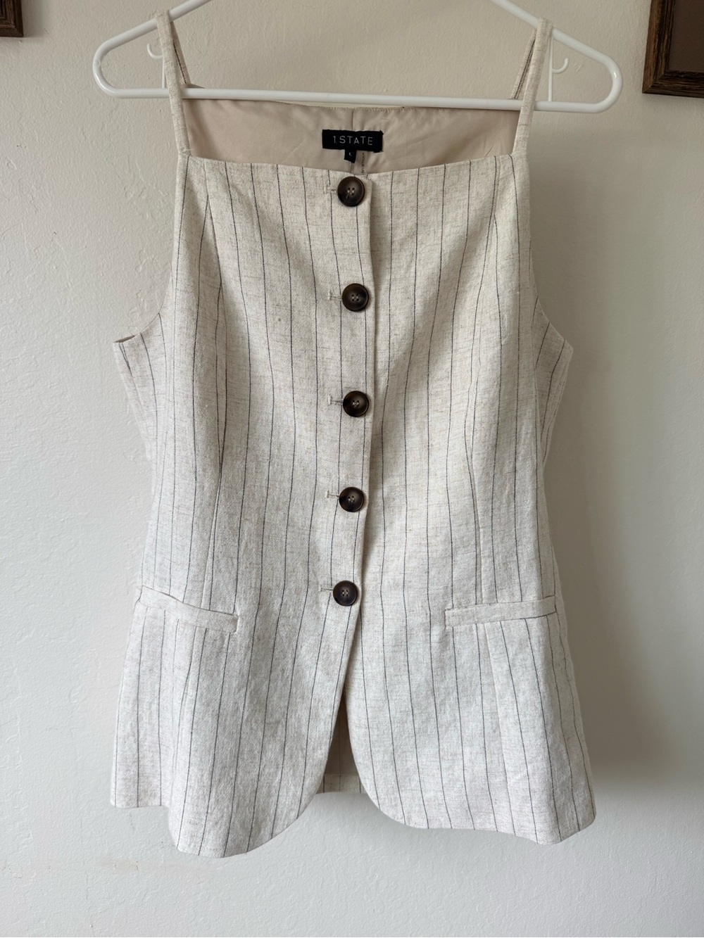 Linen-Blend Pinstripe Button Front Top - Large